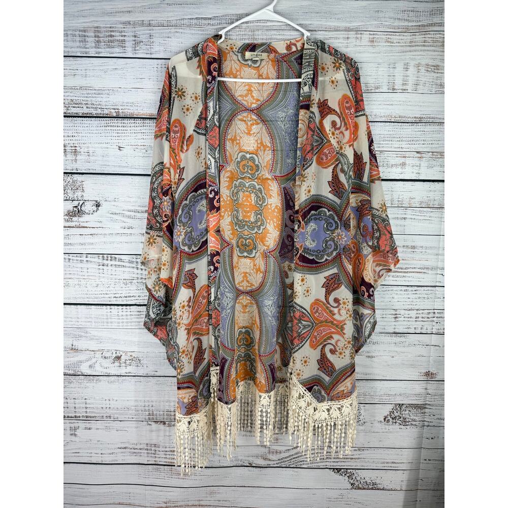 Umgee Neutral Paisley Kimono Tassels Boho Festival Medium Large Western M/L